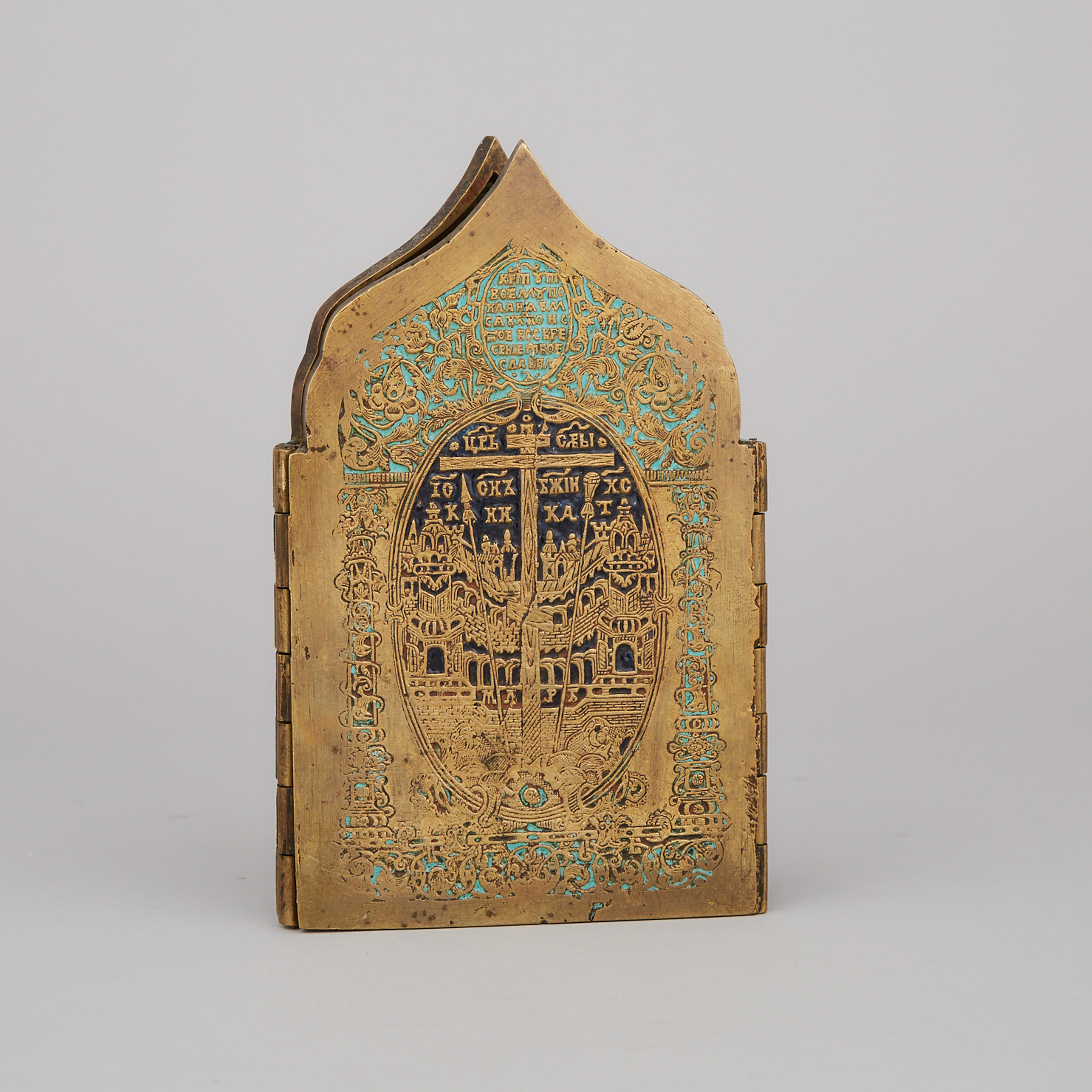 Russian Orthodox Gilt and Enamelled Bronze Quadriptych Travelliing Icon, late 18th/early 19th century 