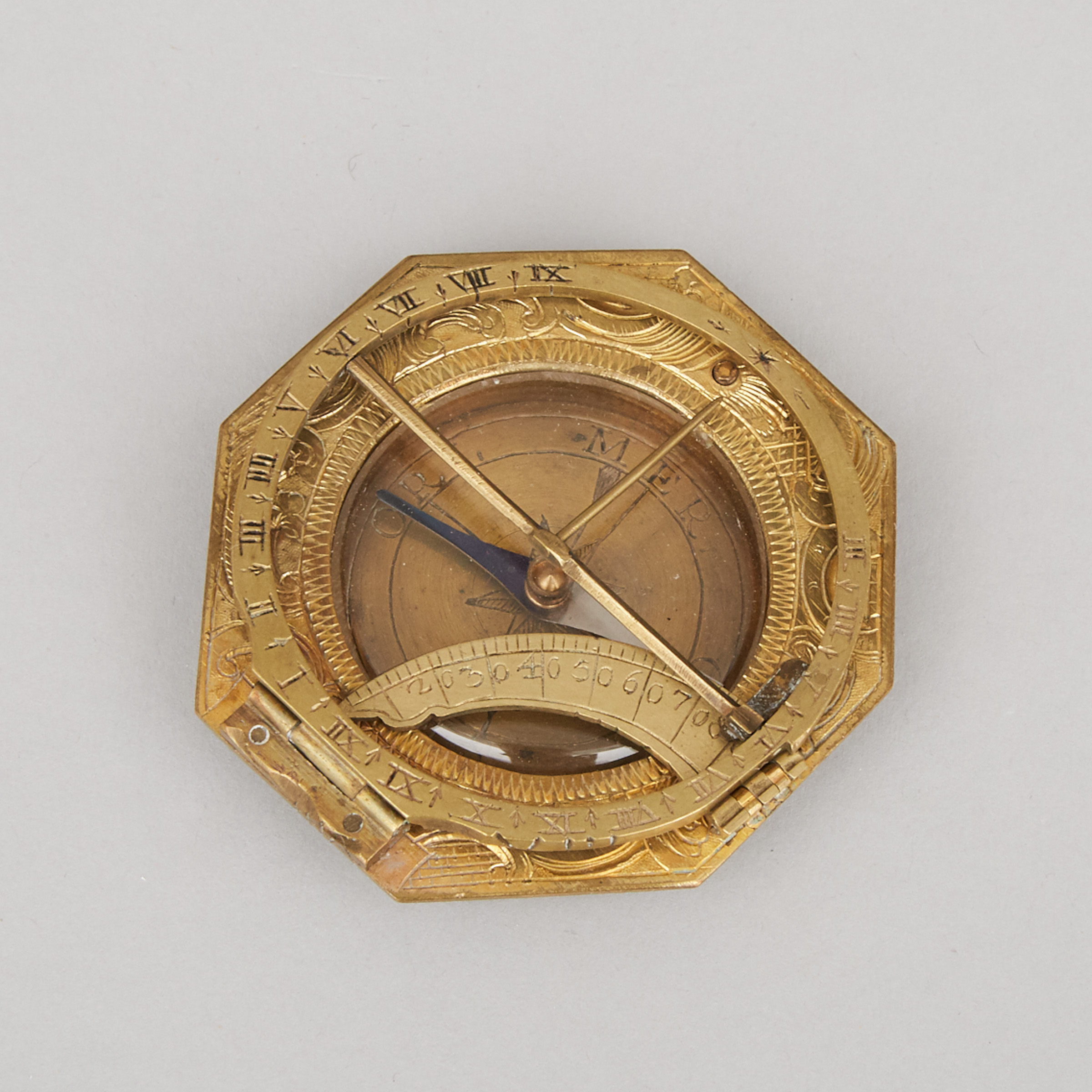 German Gilt Brass Universal Equinoctial Compass Sundial, Andreas Vogler, Augsburg, 18th century