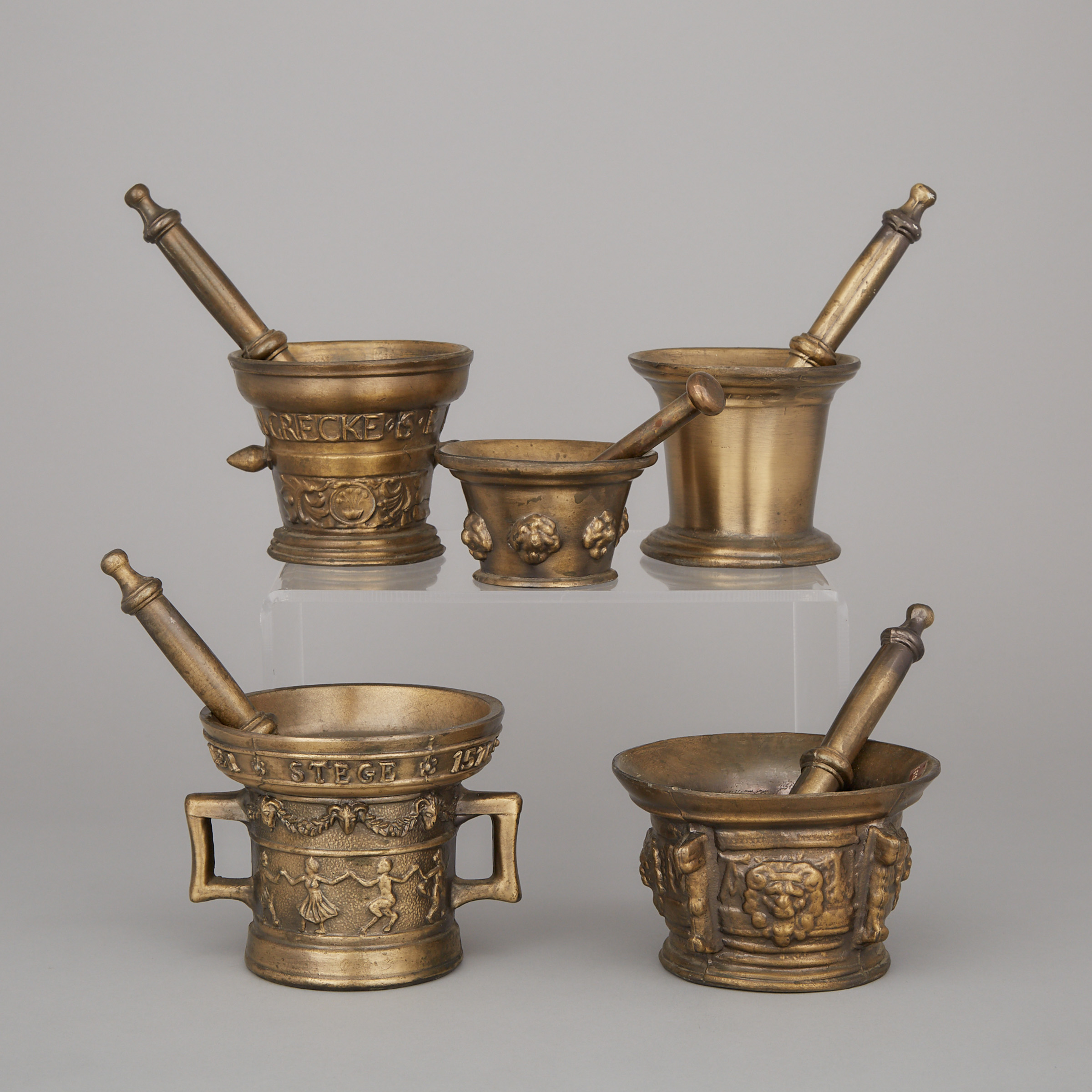 Group of Five Bronzed Metal Mortars and Pestles, mid 20th century