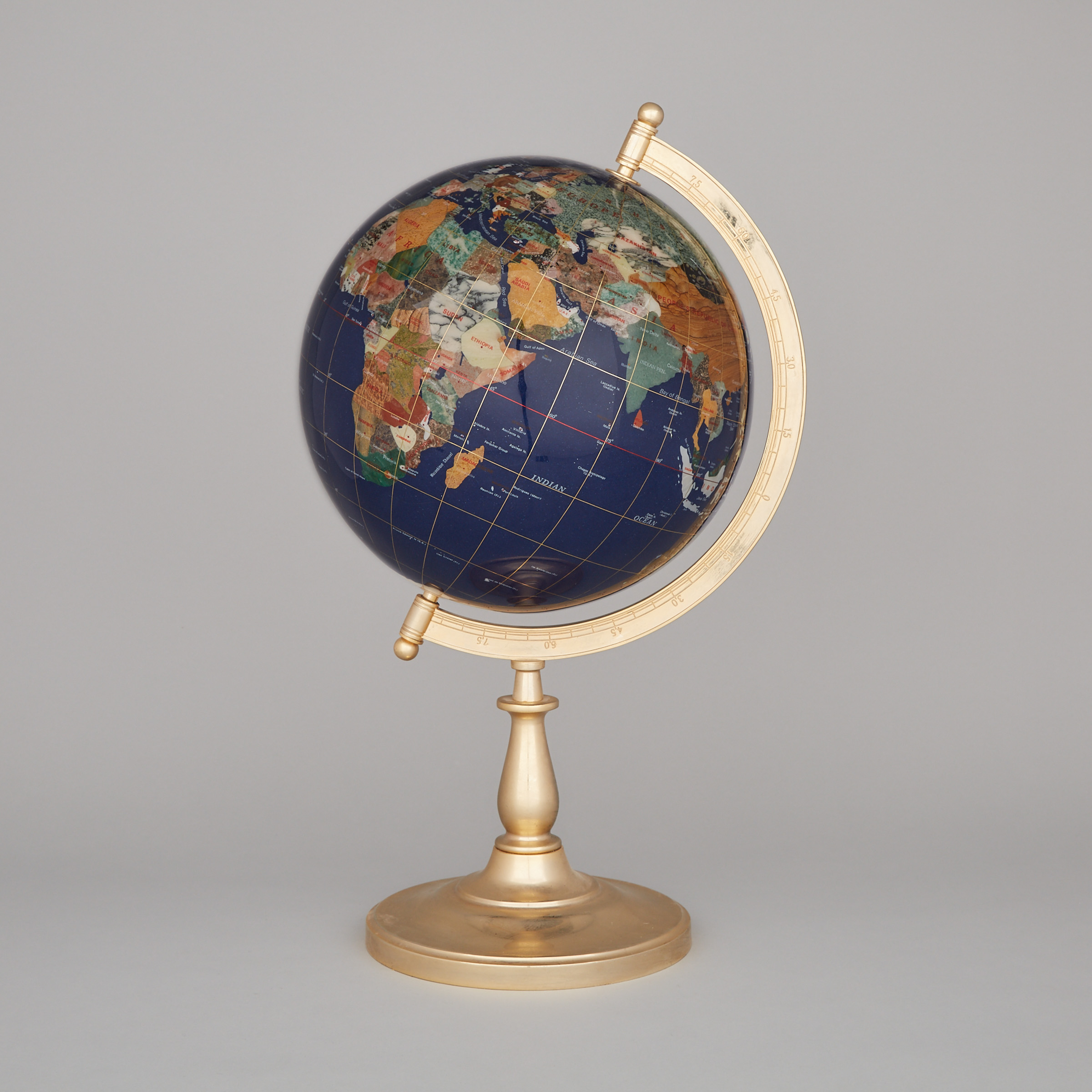 Specimen Mineral and Shell Inlaid Terrestrial Globe on Brass Stand, 20th century