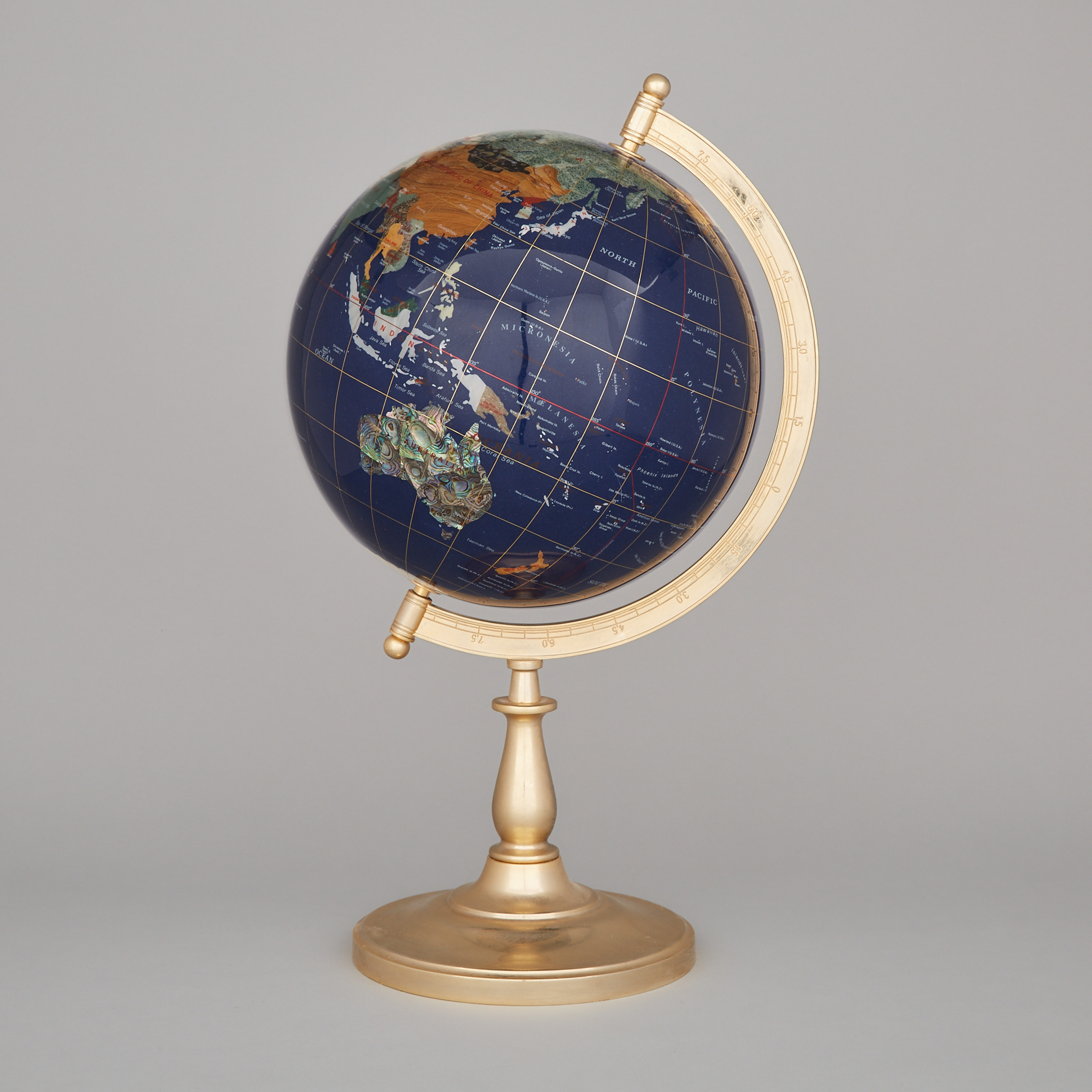 Specimen Mineral and Shell Inlaid Terrestrial Globe on Brass Stand, 20th century