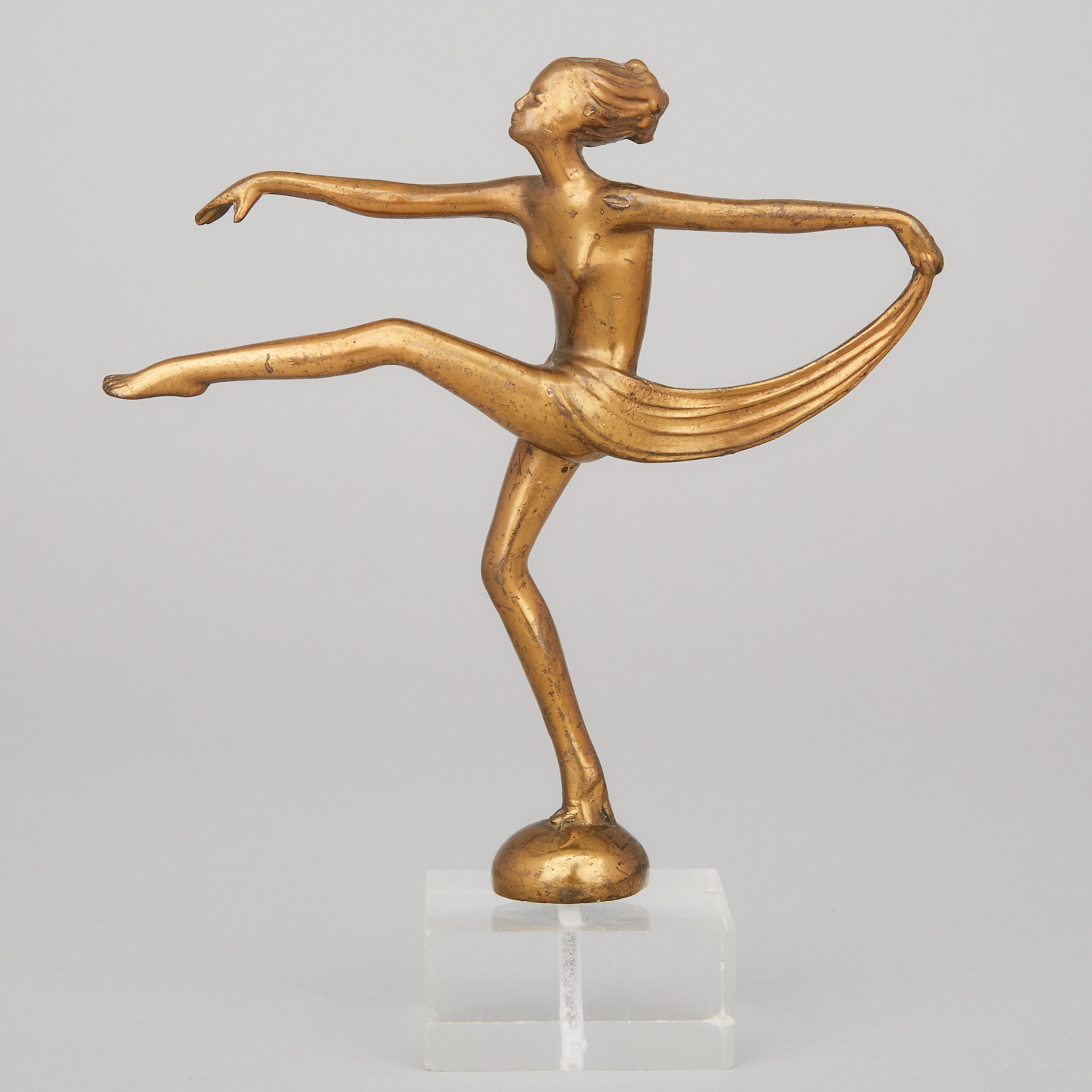Art Deco Gilt Bronze Scarf Dancer Car Mascot, after Lorenzl, c.1925