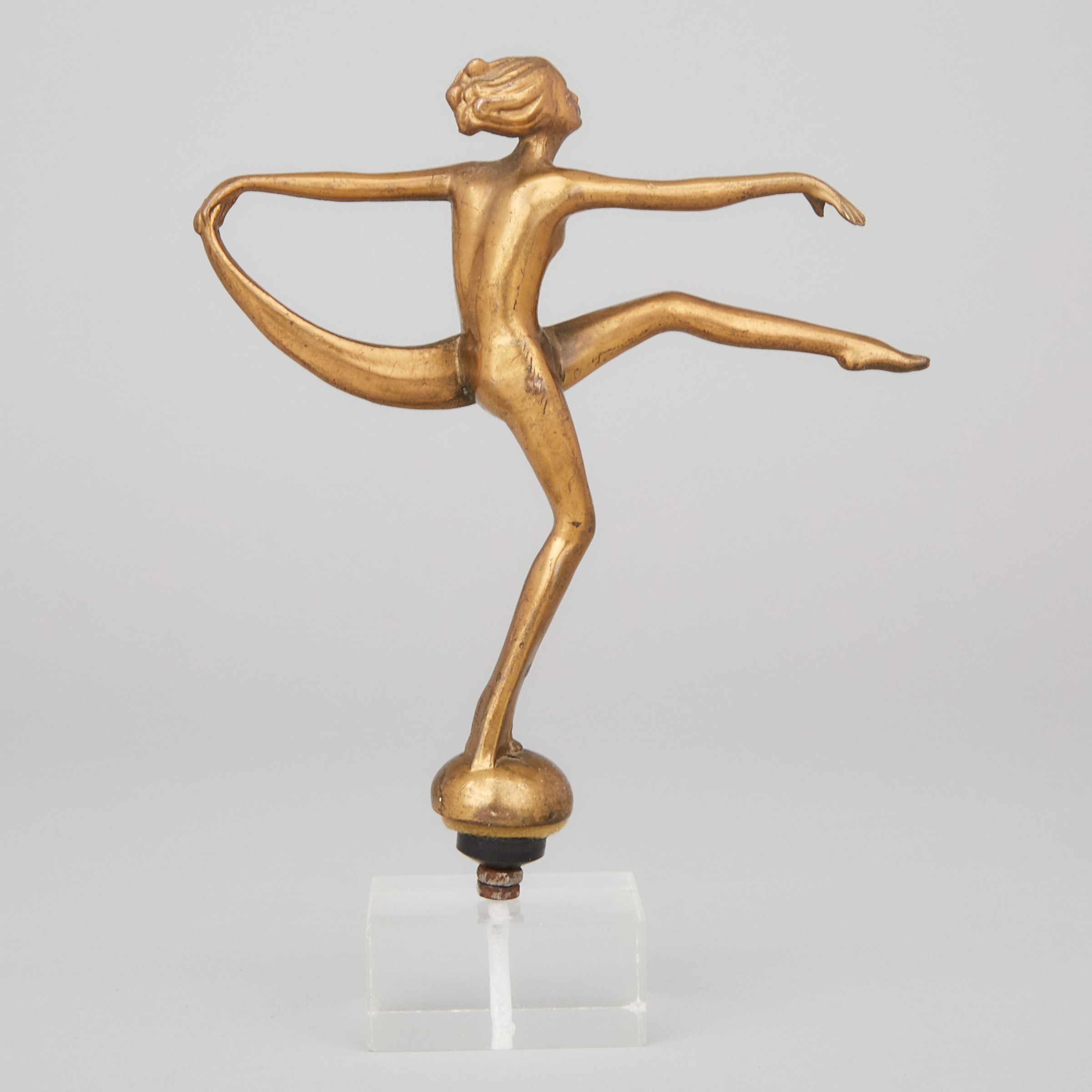 Art Deco Gilt Bronze Scarf Dancer Car Mascot, after Lorenzl, c.1925
