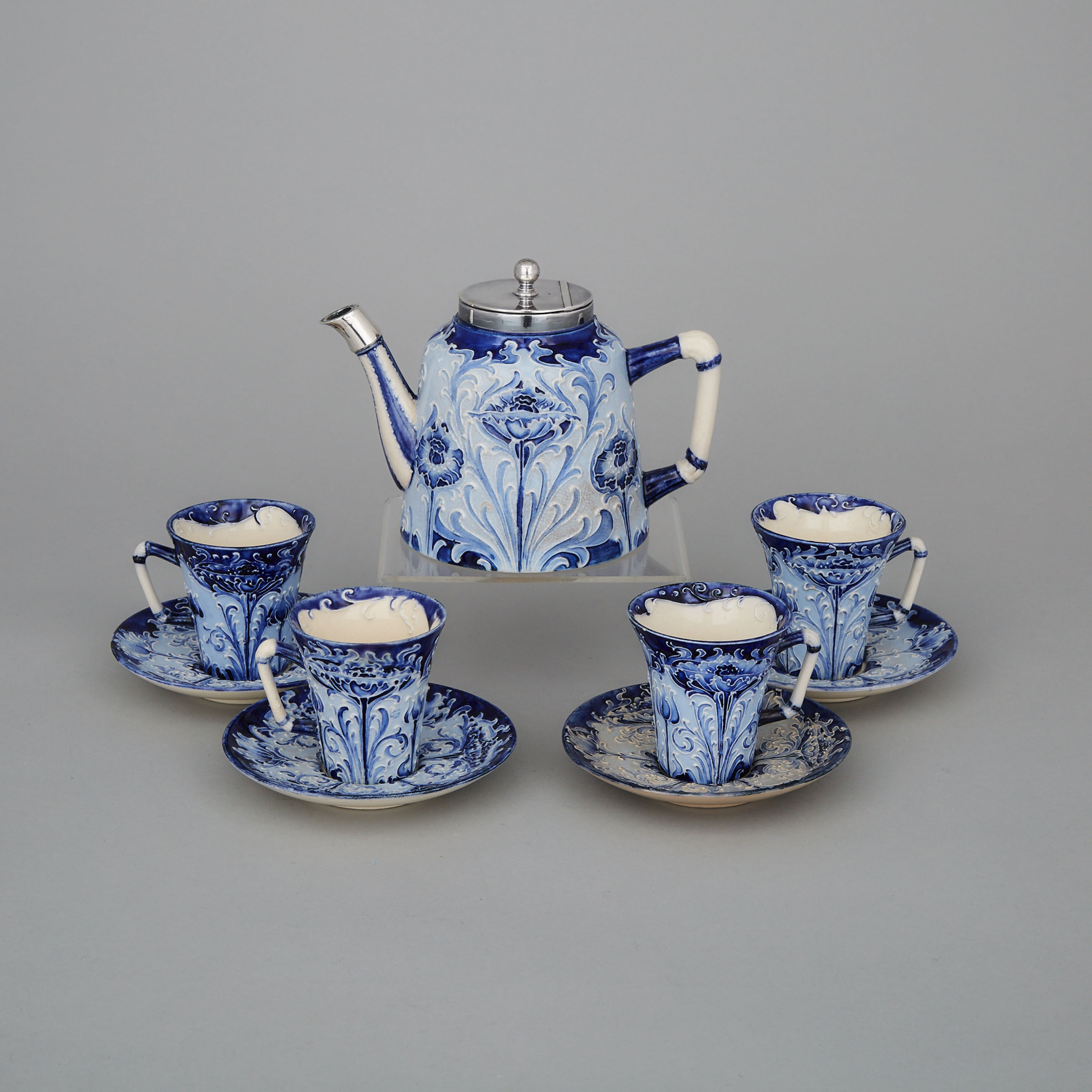 Macintyre Moorcroft Florian Poppy Teapot with Four Cups and Saucers, c.1900