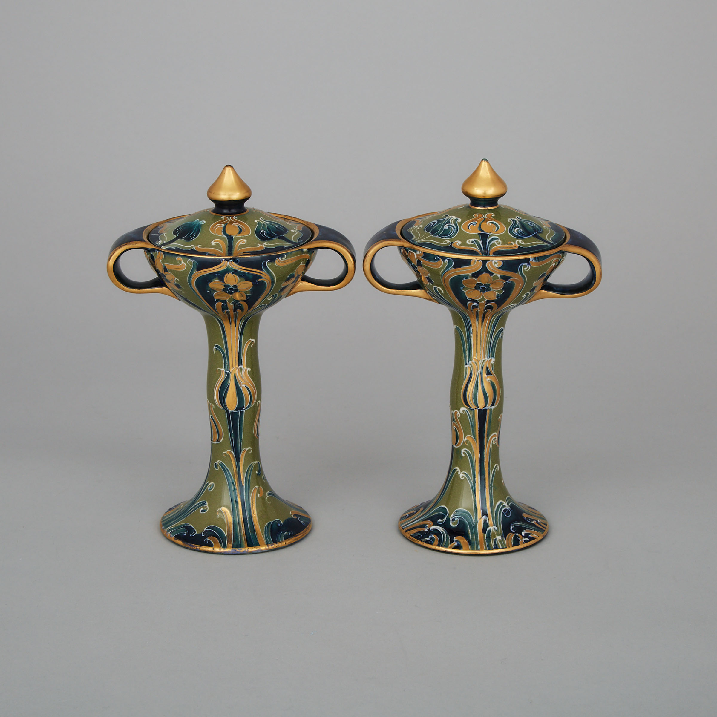 Pair of Moorcroft Green and Gold Florian Small Covered Bonbonnières, c.1903
