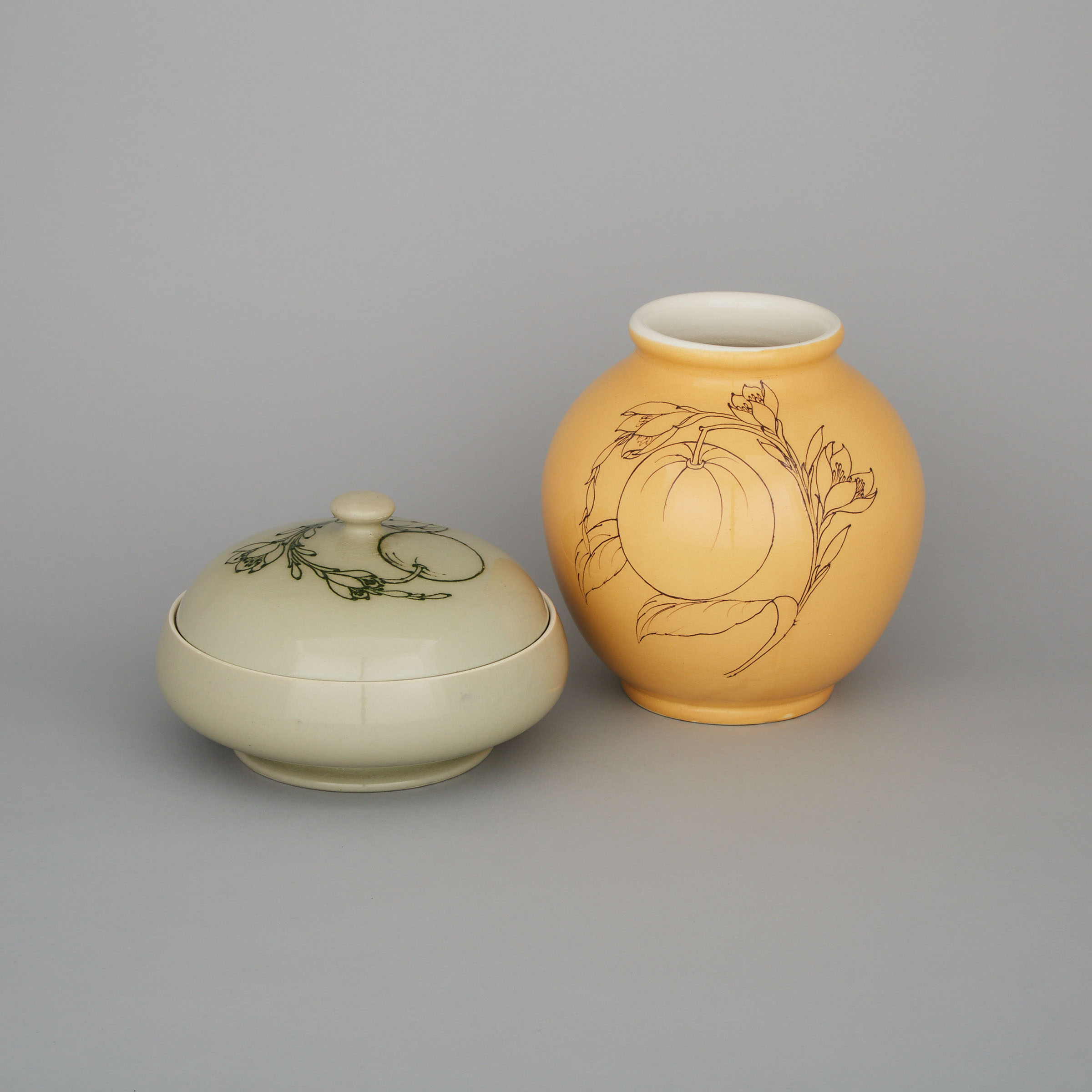 Moorcroft Simplified Orange and Blossom Vase and Covered Dish, 1930s